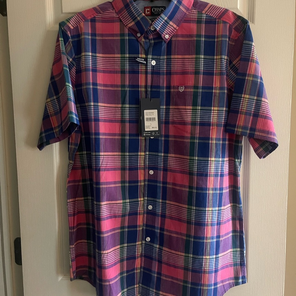 Chaps Men’s Short-Sleeve Plaid Button-Down Shirt in Pink, Blue & Green - Picture 2 of 4